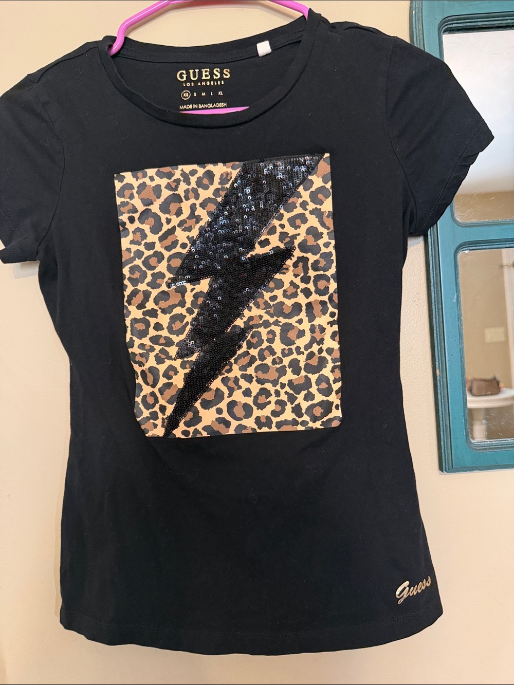 GUESS Black Tee with Leopard Panel and Black Sequin Lightning Bolt